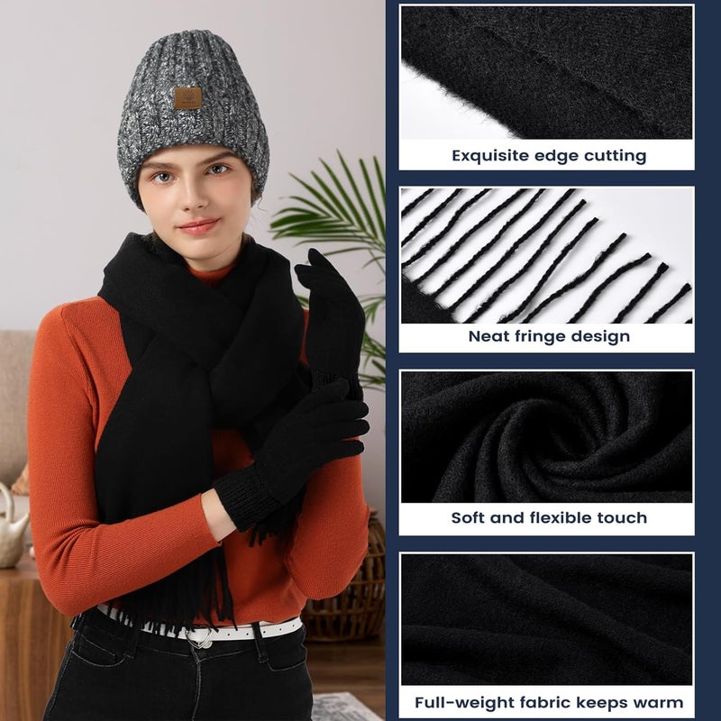 Premillow Women Winter Hat Beanie+Long Scarf+Touch Screen Gloves Set, Warm Clothes Set with Knit Fleece Lined for Women/Men Winter - Image 4